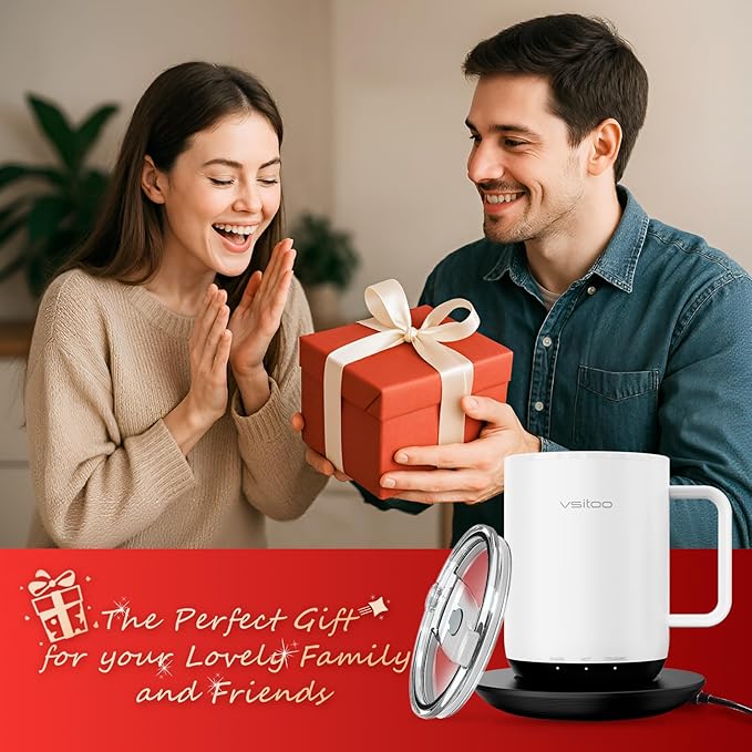 Vsitoo S3 Plus 14oz Heated Coffee Mug - Temperature Control Smart Mug with Mug Warmer, Auto-Sensing AI Heats Drinks to 120-150°F Hands-Free.Ideal for Home/Office/Gifts，White
