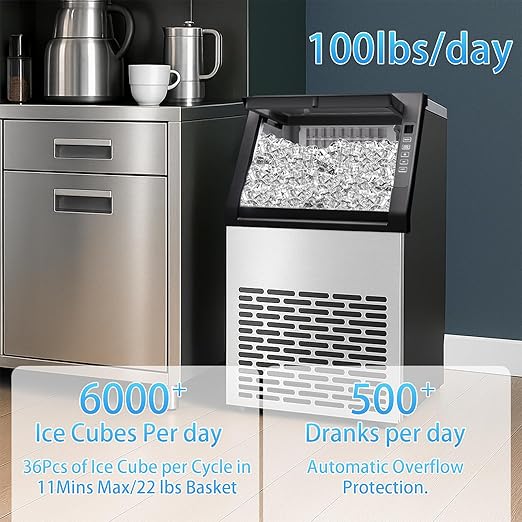 Commercial Ice Machine, 100LBS/Day Stainless Steel Freestanding Large Ice Maker, 36 Cubes in 11Mins, 24H Timer, Self-Cleaning, Ideal for Restaurant, Bars, Home and Offices