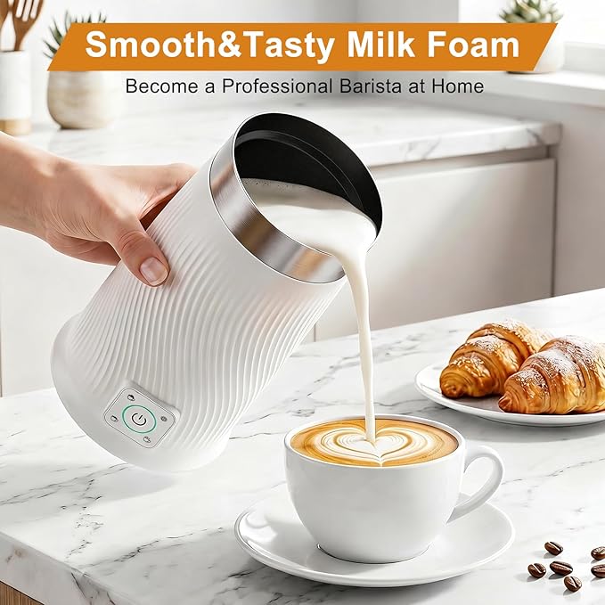 Wowteam Milk Frother, 4-in-1 Electric Milk Steamer, Warm and Cold Milk Warmer and Foam Maker for Coffee, Latte, Cappuccinos, Macchiato, 8.2oz/240ml, Stainless Steel, White