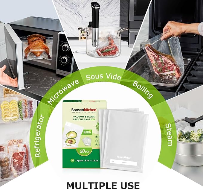 Bonsenkitchen Vacuum Sealer Bags, 50 Quart 8" x 12" Precut Food Sealer Bags, Commercial Grade, BPA Free, Heavy Duty, Customized Size Vacuum Bags for Vac Storage, Meal Prep or Sous Vide Cooking, VB12