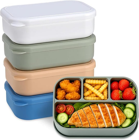Potchen 4 Pcs Large 7.6x5x2 Inches Silicone Bento Box Reusable Lunch Container Leakproof Snack Meal Boxes for Work Travel Food Storage Microwave Dishwasher Freezer Safe 4 Compartment(Brilliant Color)