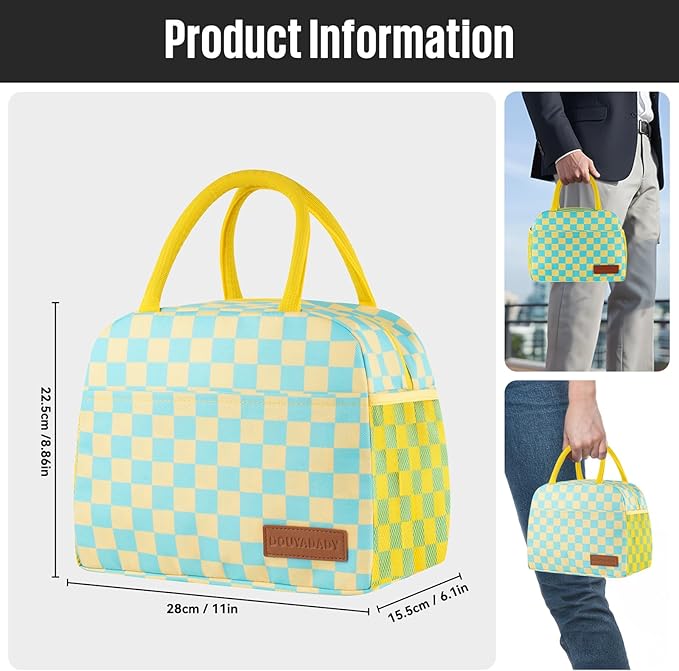 douyadady Lunch Bag Women/Men Lunch Box Women/Men (Yellow+Blue Checkerboard)