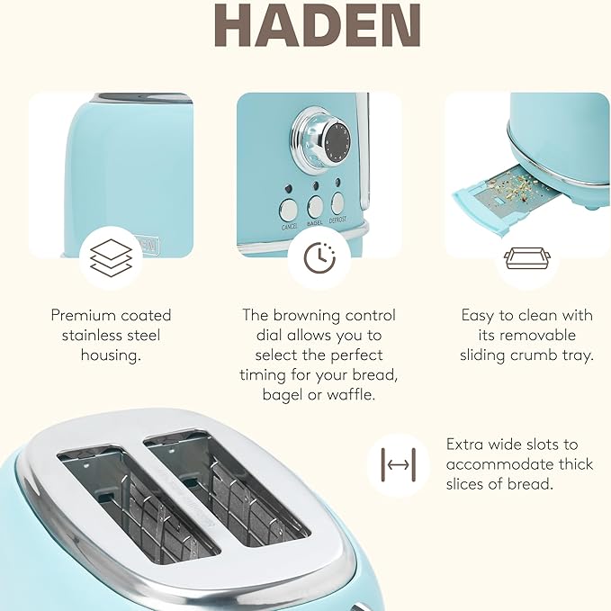 Haden Heritage 1.7 Liter Stainless Steel Electric Tea Kettle with Heritage 2 Slice Wide Slot Stainless Steel Bread Toaster, Turquoise