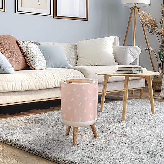 Trash Can with Lid White Bows Pink Repeat Seamless Press Top Round Small Garbage Bin with Wooden Legs Waste Basket for Kitchen Bedroom Nursery 7L/1.8 Gallon