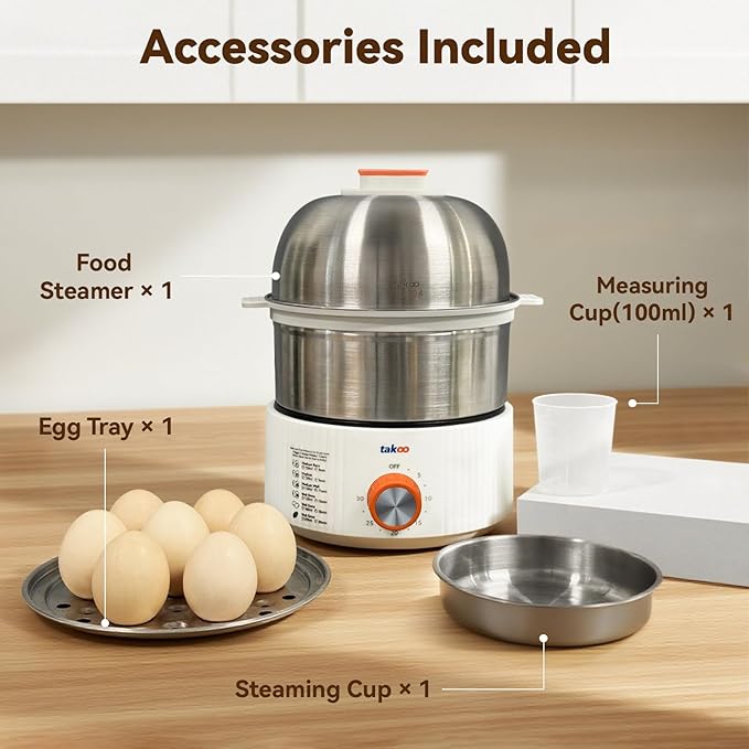 TAKOO 3-in-1 Electric Egg Cooker for Hard Boiled Eggs Poacher, Omelet Maker & Vegetable Steamer, Holds 14