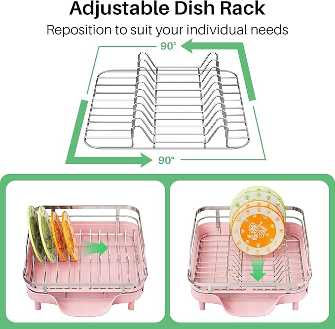 SAYZH Dish Drying Rack - Expandable Dish Rack for Kitchen Counter, Rust-Resistant Dish Drainer with Utensil Holder and Raised Guardrail, Kitchen Organizer for Cup and Bottle (Pink)