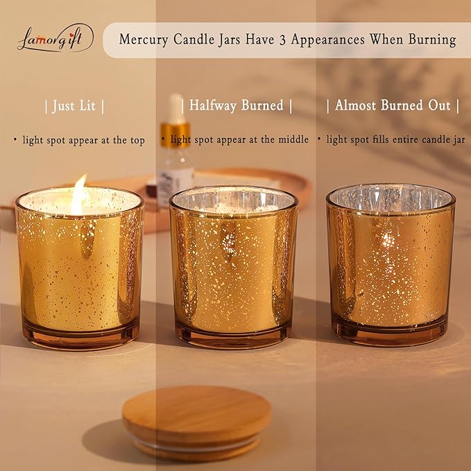 LAMORGIFT 15 Pack Glass Candle Jars With Lids (8oz, Gold) - Empty Containers for Making Candles - Mercury Glass Jars With 20 Pcs Labels - Accessories Included