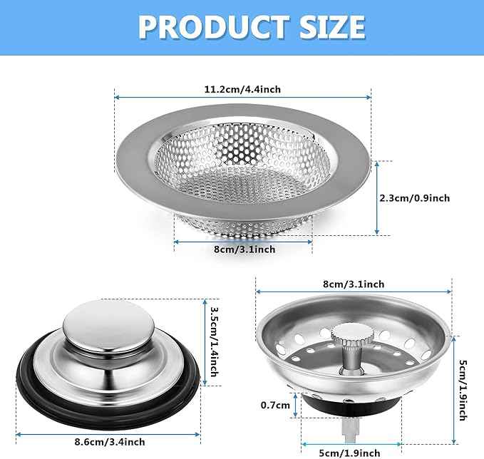 Mudder 3 Pcs Kitchen Sink Drain Strainer and Stopper Stainless Steel Garbage Disposal Plug with Handle Universal Anti-Clogging Kitchen Sink Filter Sieve Basket Strainer (Silver)