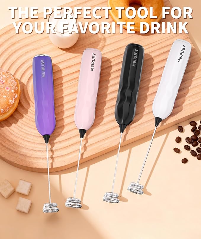 MEIRUBY 2-Pack Milk Frother Handheld with Stand, Valentines Day Gifts for Him and Her, Electric Coffee Frother, Coffee Lover Gift for Lattes, Cappuccino, Matcha & Hot Chocolate, Black/Colorful
