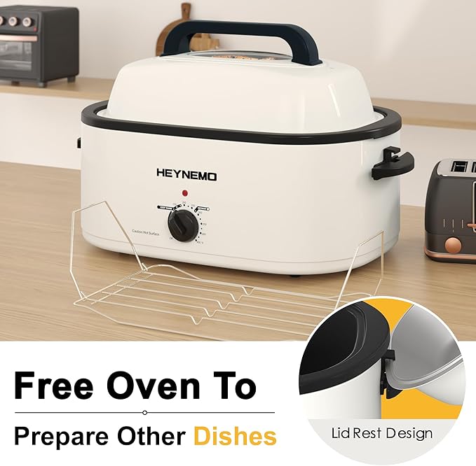 26Qt Turkey Roaster Oven Buffet with Self-Basting Lid, 1450W Stainless Steel Electric Roaster Oven with Cool-Touch Handles, Removable Pan and Rack, White
