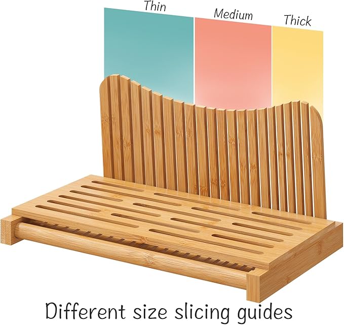 Large Bamboo Bread Slicer with Serrated Knife, Adjustable Bread Slicer Guide with 3 Thickness Size, Foldable Compact Chopping Cutting Board with Crumb Tray (Extra A - with Knife)
