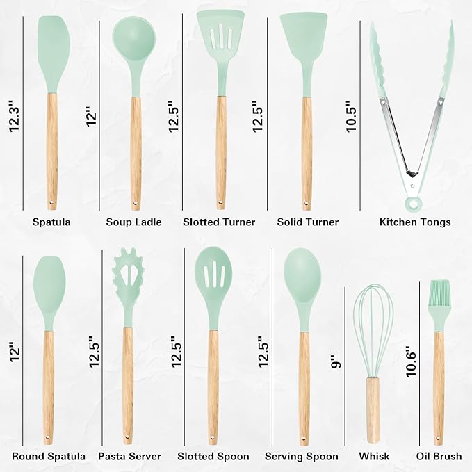 19 PCS Kitchen Cooking Utensils Set, 11 Pieces Silicone Cooking Utensils Set 6 Pieces Sharp Stainless Steel Green Knife Set with 1 Piece Cutting Board, Ideal for Apartment