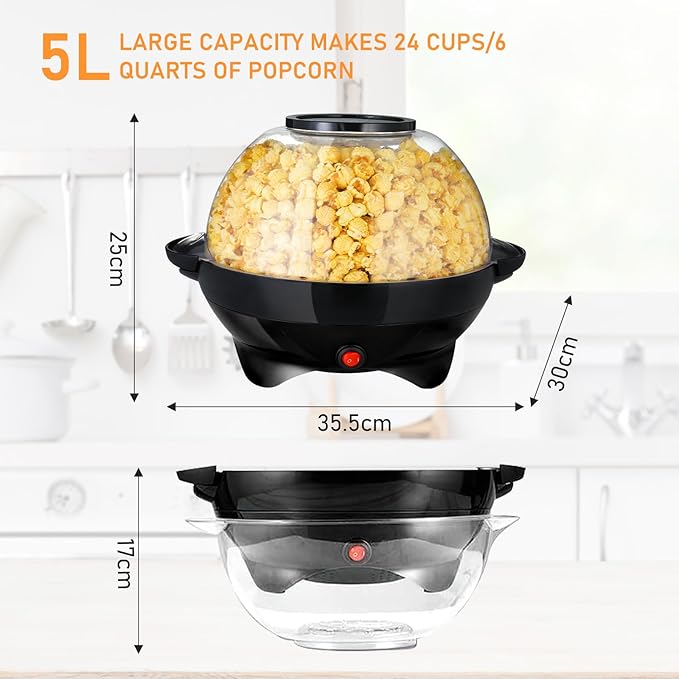 TLGREEN 6 Quart Popcorn Machine, Stir Crazy Popcorn Popper Machine, Electric Hot Oil Popcorn Maker Machine, with Nonstick Plate & Stirring Rod, Large Lid for Serving Bowl. (Black)
