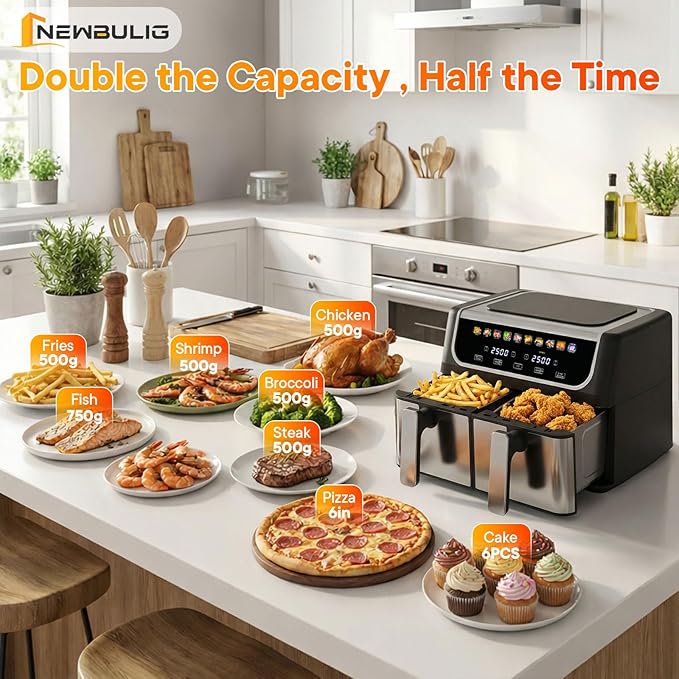 NEWBULIG Dual Air Fryer with 2 Baskets 9.5 QT, 10 in 1 Large Air Fryers with Ceramic Crisper Plate, Match Cook, Sync Finish, Shake Reminder, 80-450°F Wide Temp, Roast, Defrost, Dehydrate, Bake, Black