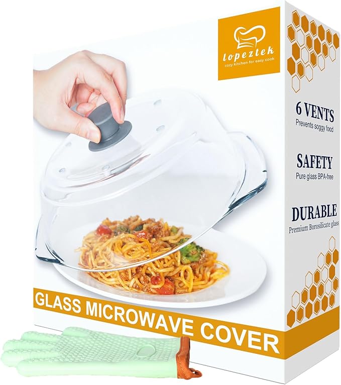 lopeztek Glass Microwave Splatter Cover, Glass Microwave Oven Covers for Food, Splatter Guard for Dish Plate, BPA Free & Dishwasher Safe Lid with Silicone Handle