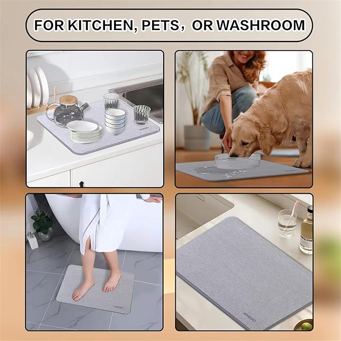 AXIESO Large Stone Dish Drying Mat - Fast Quick Dry Stone Kitchen Counter Pad - 18 x 14 Inches Diatomaceous Earth - Super-Absorbent Shower Bath Mat