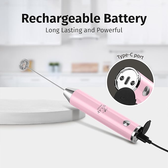 Zulay Kitchen Rechargeable Milk Frother Handheld Lux - Powerful 2-Speed Motor, Waterproof, 2000mAh Battery - Drink Mixer for Latte, Cappuccino, Matcha & Protein Powder - Pink Bubblegum
