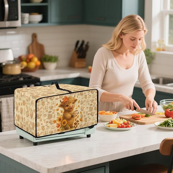 Toaster Oven Dust Cover Dustproof Convection Microwave Ovens Cover Stain-resistant Small Countertop Appliance Protector, S, Highland Cow Coffee Sunflower Fall Decor