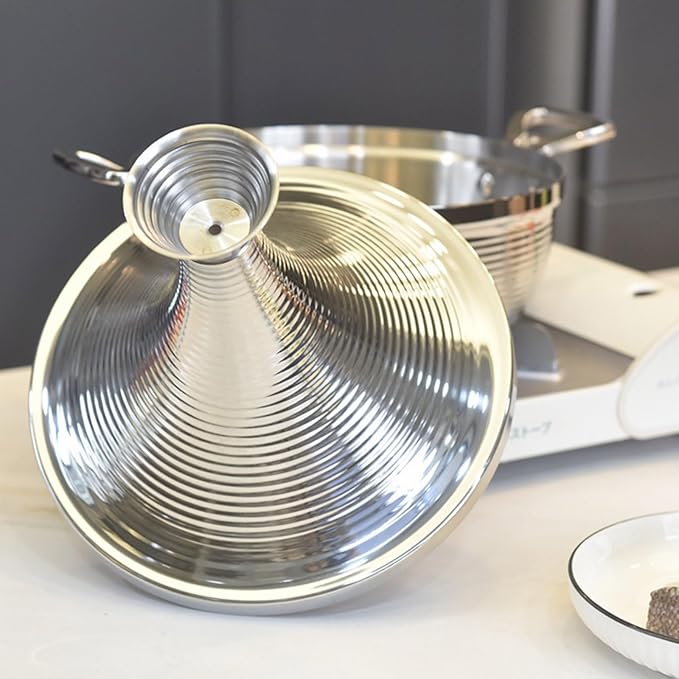 Moroccan Tagine Cooking Pot,Stainless Steel Non Stick Moroccan Casserole with 2 Handles,Large Moroccan Cooker Handmade Tagine Pot with Cone-Shaped Lid(27cm, Silver)