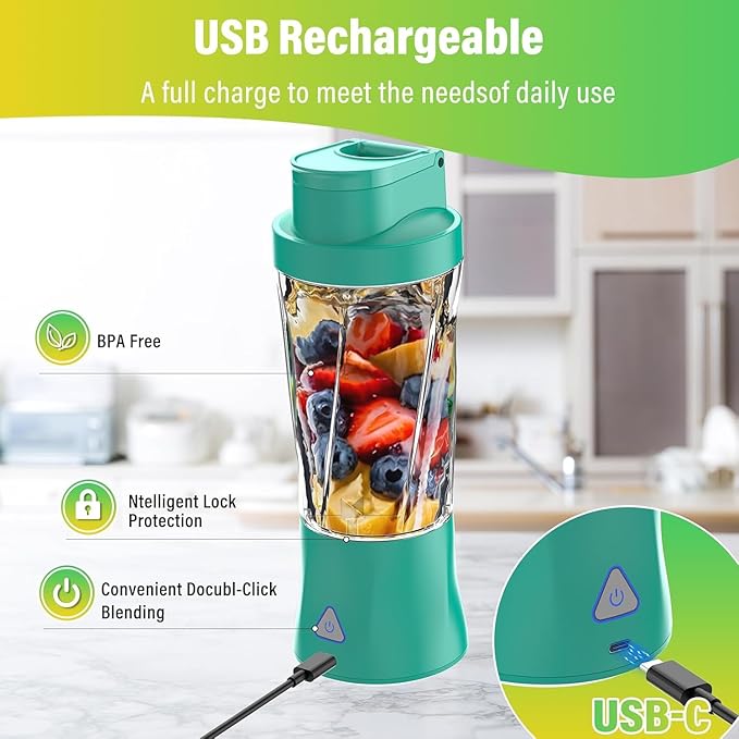 Portable Blender, 360W Personal Blender for Shakes and Smoothies for Kitchen, 24 Oz BPA Free Traveling Juicer Cup and Lid with 6 Blades, Self Cleaning Portable Juicer for Kitchen/Travel/Gym, Green