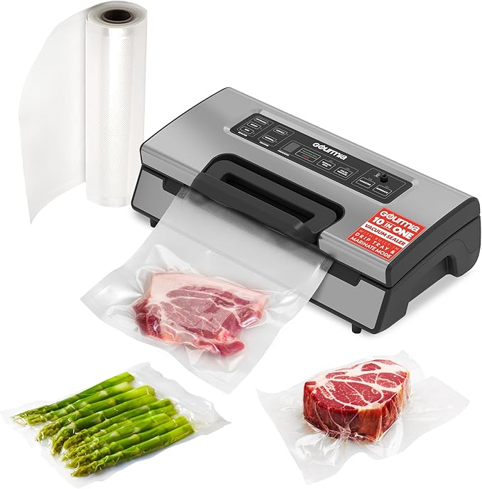 Gourmia Vacuum Sealer – Food Preservation System with Marinate Mode and Vacuum Hose, Pulse Control, LED Display, Built-In Cutter, Gentle & Normal Vacuum Options, Stainless Steel