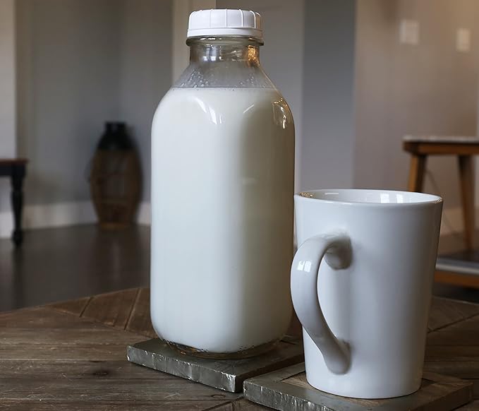 The Dairy Shoppe Glass Milk Bottle, Heavy Glass with Extra Lid, Creamery Style (2, Liter)