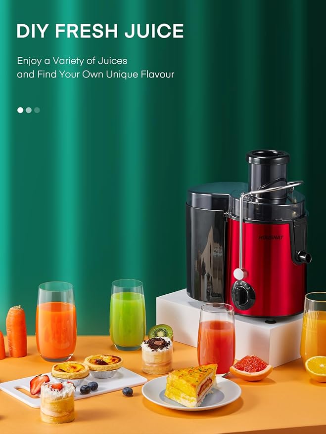 Juicer Machine, HOUSNAT Centrifugal Juicer 400 W Motor, 65MM Wide Chute for Whole Fruit and Vegetables, Juice Extractor with 3 Speeds, Upgraded Version Quick Juicing, Easy to Clean, BPA Free, Red
