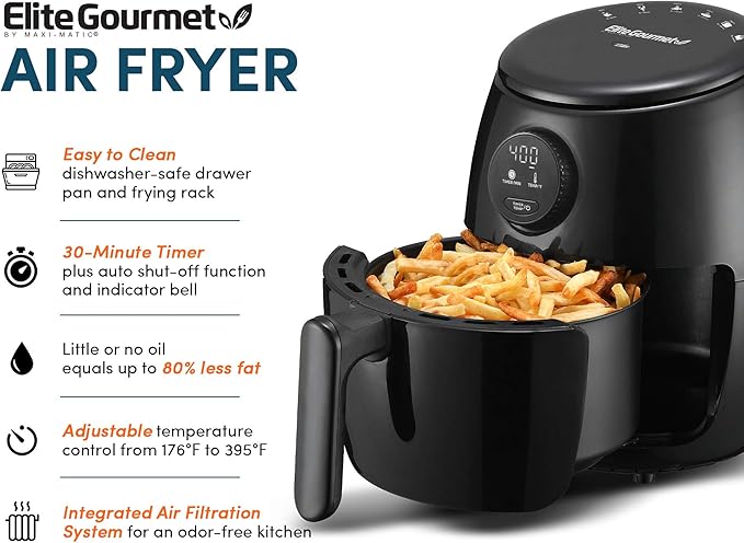 Elite Gourmet EAF-2612DX Personal 2.1Qt Compact Space Saving Programmable Hot Air Fryer, Oil-Less Healthy Cooker, Timer & Temperature Controls, 1000W, Black