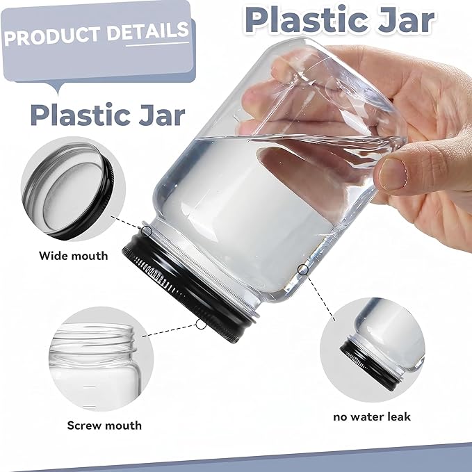 novelinks 16 oz Clear Plastic Jars with Lids, Refillable 16oz Mason Jars with Lids & Storage Containers for Kitchen & Household Use (5 Pack,Black)