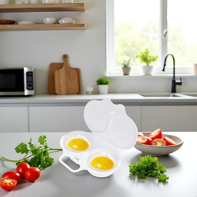 White Egg Poacher, Plastic Egg Boiler Poacher, 2 Cavity Nonstick Poached Egg Maker With Lid, Egg Poacher Microwave Egg Cooker, Drain Poached Egg Cups Cookware,Kitchen Dining Specialty Cookware