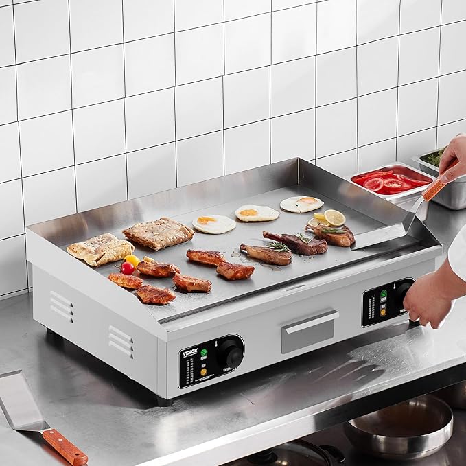 VEVOR Upgraded Commercial Electric Griddle, 2800W Stainless Steel Countertop Flat Top Grill, 26'' Griddle Grill with 2 Shovels and 2 Brushes, 122℉-572 ℉ Adjustable Temp, for Home Restaurant(No Plug)