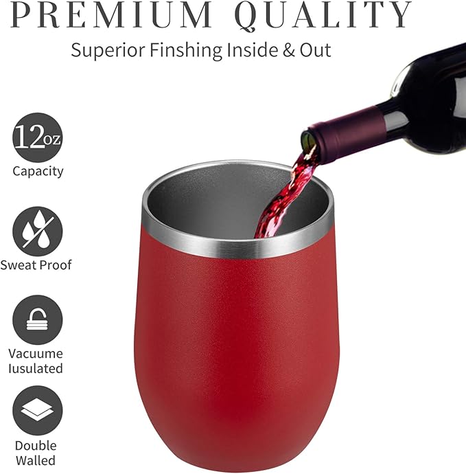 MEWAY Stemless 12oz Wine Tumbler Glasses with Lid -Insulated Double Wall Vacuum Stainless Steel Travel Tumbler with Straw,for Woman Under 10 dollars (Red,1)