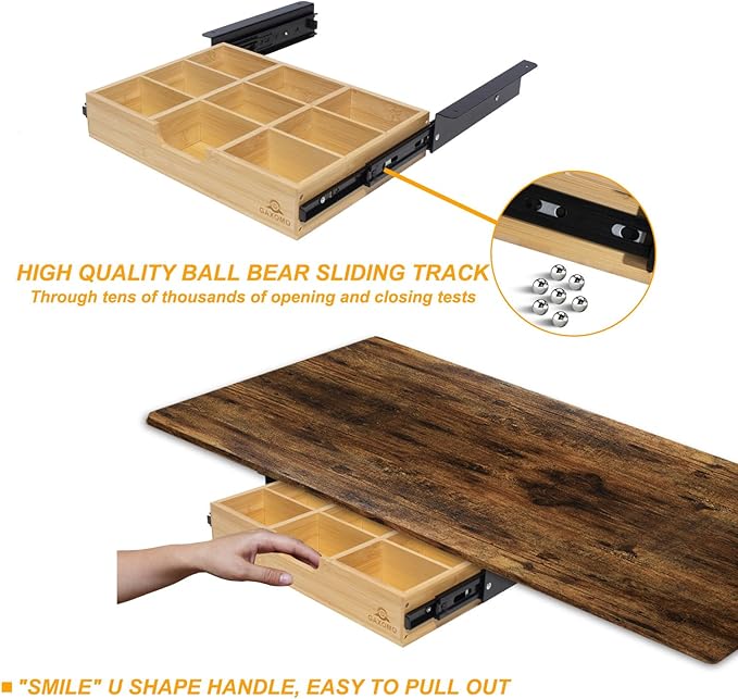 Under Desk Bamboo Drawer with U-Shaped Hollow Panel to Pull Out, 13'' Long & 9.5'' Deep Adjustable Space Storage Organizer for Sit Stand Workstation