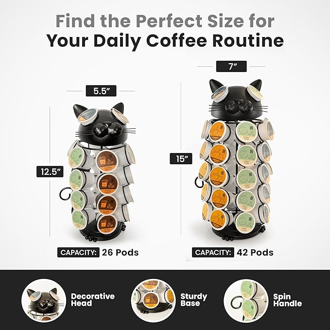 Made Easy Kit Carousel Coffee Pod Holder - Compatible with Keurig K-Pods K-Cups - Countertop 360 Spin Rack Storage Organizer - Revolving Base - Capsule Café Station Bar (Cat Black, Small)