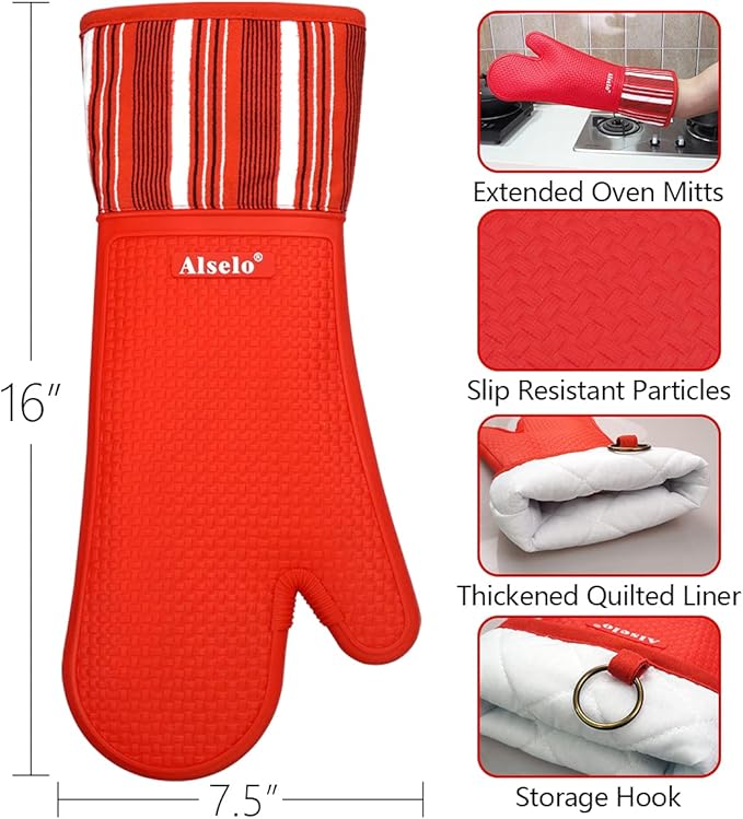 Alselo Silicone Oven Mitts Heat Resistant 550 Degree, Extra Long Kitchen Mittens with Non-Slip and Waterproof Pot Holders for Baking Cooking Barbecue Microwave Machine Washable(Extra Long red, 2)