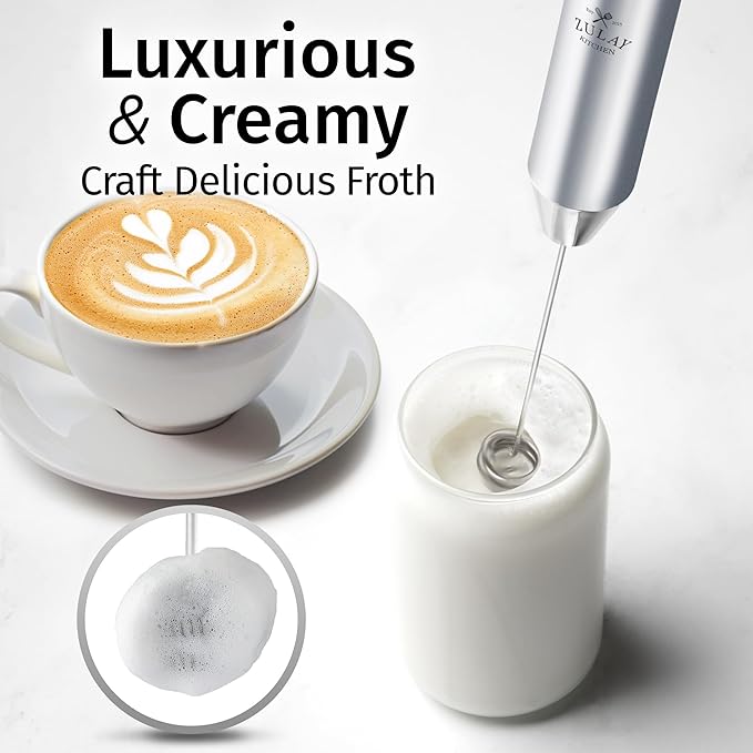 Zulay Kitchen Rechargeable Milk Frother Handheld Lux - Powerful 2-Speed Motor, Waterproof, 2000mAh Battery - Drink Mixer for Latte, Cappuccino, Matcha & Protein Powder - Pure Silver