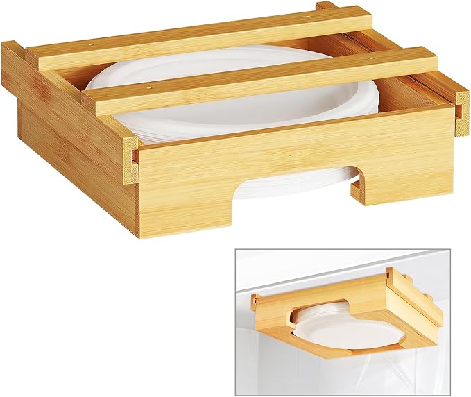 Paper Plate Dispenser - 10 inch Bamboo Paper Plate Dispenser Under Cabinet, Kitchen Counter Vertical Plate Holder Organizer Countertop Caddy (Bamboo)