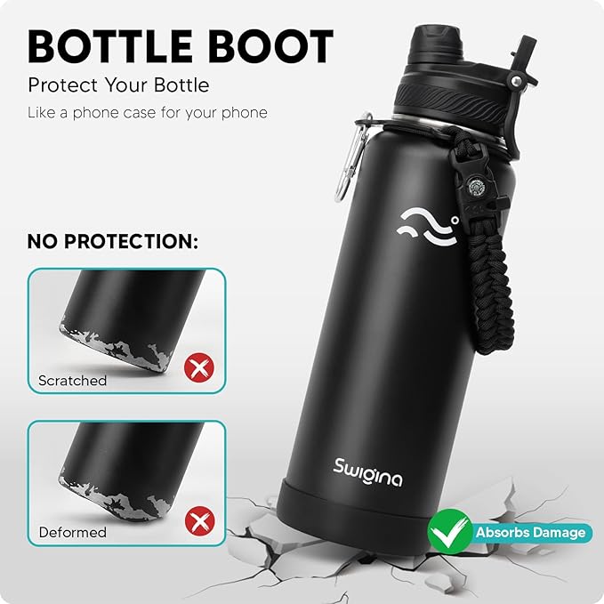 Swigina [2-IN-1 LID] Insulated Water Bottle with Silicone Boot (36hrs Cold/18hrs Hot) - DIY Stickers, Leakproof, BPA Free, 40 oz