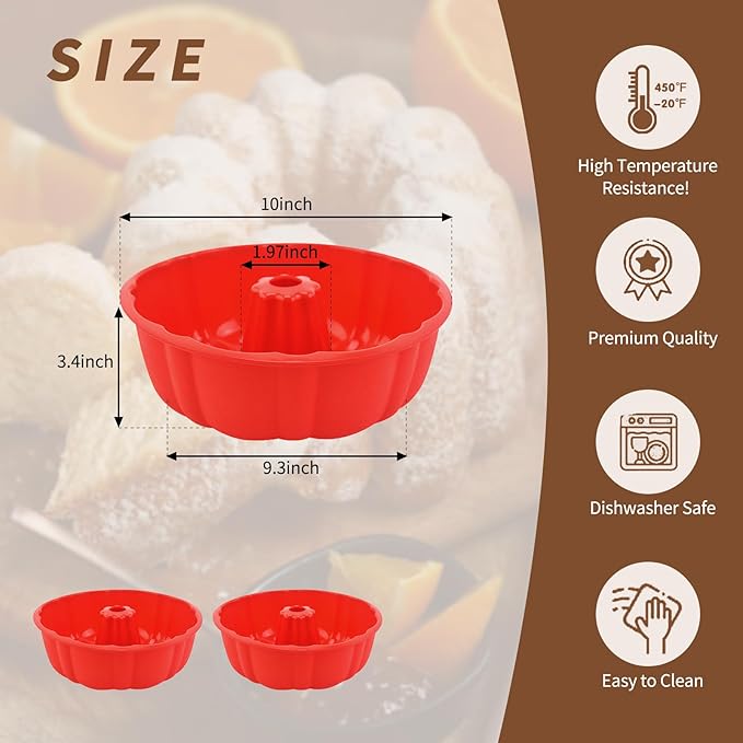 PADELE 2 Pack Silicone Cake Pan Nonstick,10 Inch, Silicone Cake Molds,Pound Cake Pan, Baking for Jello,Gelatin,Cake,Brownie and Bread (Red+Red)