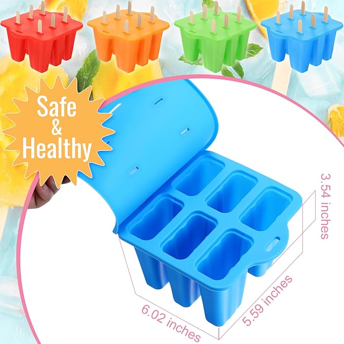 Hoolerry 4 Set Silicone Ice Lolly Molds, Reusable Ice Cream Molds with 200 Wooden Sticks, Easy Release Pop Maker, Frozen Treat Mold for Homemade, Red, Blue, Green, Orange(6 Cavities)