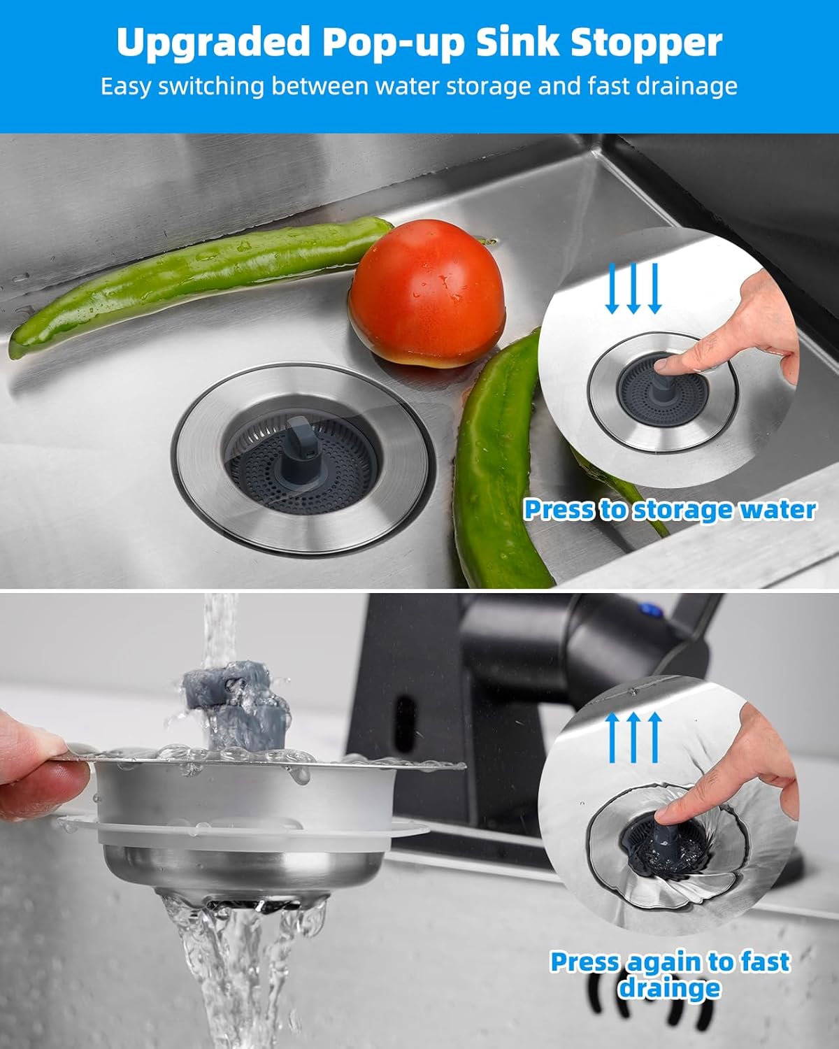 Hibbent 2 Pack 3 in 1 Kitchen Sink Drain Strainer and Stopper Combo, Stainless Steel Metal Pop Up Sink Stopper with Foldable Handle, 6 Anti-Clogging Baskets, Fit for US Standard 3-1/2 Inch Drain