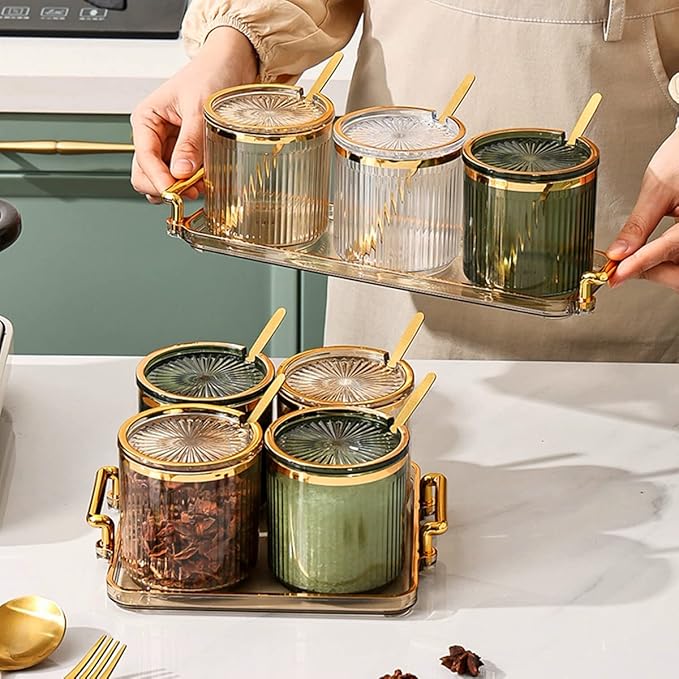 Acrylic Condiment Spice Jars,Condiment Spice Box With Lids and Spoons and Tray,Clear Plastic Condiment Canisters,Seasoning Box 3 Pack,Seasoning Box Set for Kitchen to Storage Salt,Paprika,Sugar