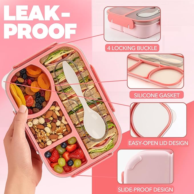 Bento Box for Adults,4 Compartments Lunch Box, Snack Containers Reusable Lunch Containers Drop-Proof, Dishwasher Safe & Made with BPA-Free Materials, Pink