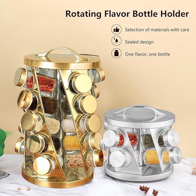 Portable Stainless Steel Spice Rack with 8 Spice Jars Included Revolving Spice Organizer for Kitchen Tower Storage Rack for Spices and Seasoning Gold