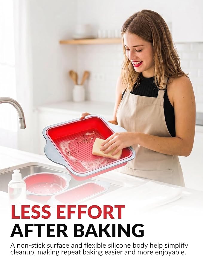 Boxiki Kitchen Silicone Baking Pans Set. 3 PCS Professional Non-Stick Baking Cake Pans Set includes Silicone Round Cake Pan, Square Cake Pan and Bread Loaf Pan.