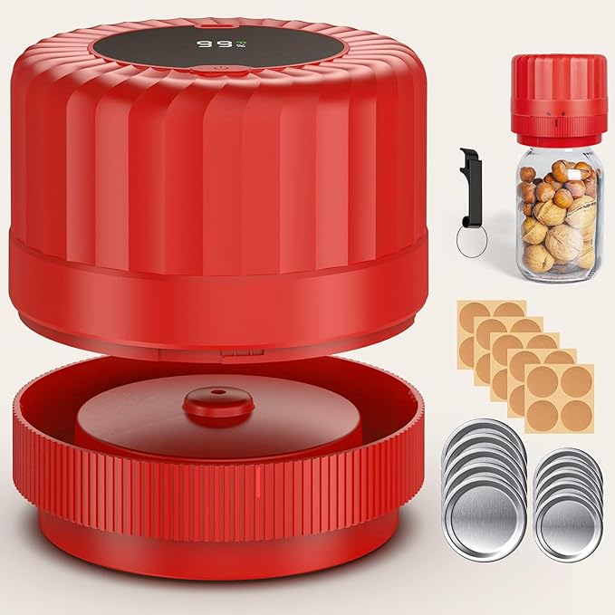 HTPOW Electric Mason Jar Vacuum Sealer - Fully Automatic Mason Jar Vacuum Sealer Kit for All Mason Jars with Regular Lids and Wide Mouth Lids, A Must-Have Tool for Canned Foods/Pantry - Red