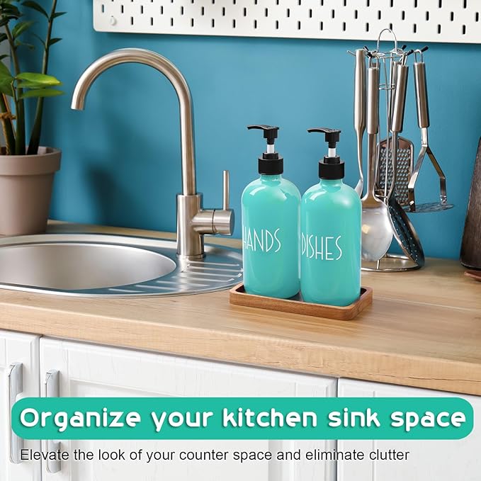 ALELION Turquoise Dish Soap Dispenser for Kitchen - 16 OZ Glass Hand Soap Dispenser Set with Pump and Acacia Wood Tray - Turquoise Kitchen Decor & Teal Kitchen Accessories