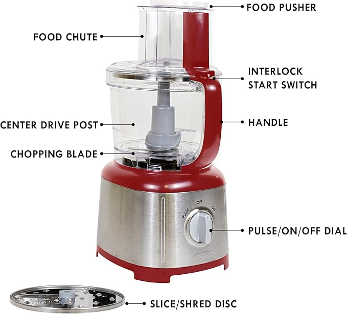 Kenmore 11-Cup Food Processor and Vegetable Chopper with Reversible Slicing/Shredding Disc, Chop, Slice, Shred, Mince, Grate, Puree, Stainless Steel, 500W, Red and Silver