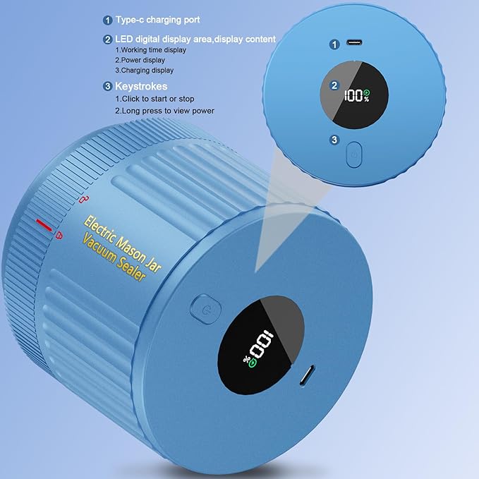 LOVE MOMENT Electric Mason Jar Vacuum Sealer Kit for Wide Mouth and Regular Mouth Mason Jar - Blue