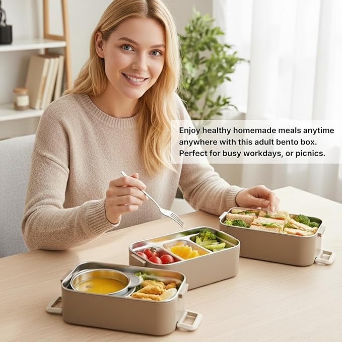 Bento Box Adult Lunch Box, Stackable 3-Layer 304 Stainless Steel for Adults, Office, 3L Capacity, Portable, Soup Bowl, Spoon & Fork, Metal Lunch Box, Tiffin (Beige)